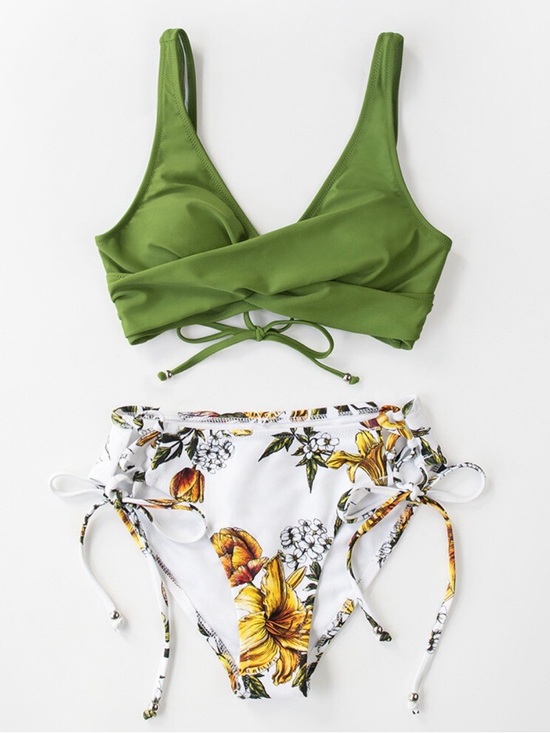 Cupshe Other - CUPSHE Olive Green Wrap Bikini Top with Floral High-Waist Tie-Side Bottoms NWT S
